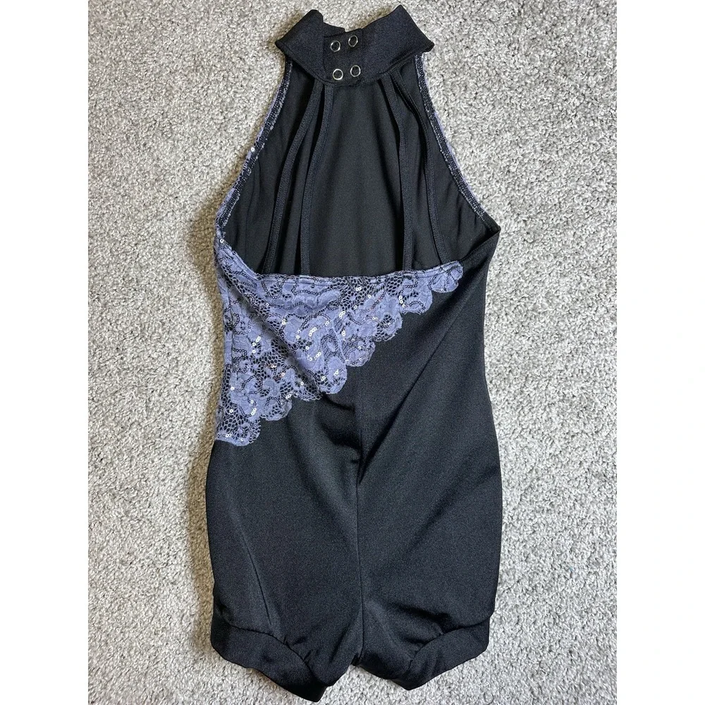 Weissman MC Medium Child Black Purple Sequin Lace Dance Costume Biketard